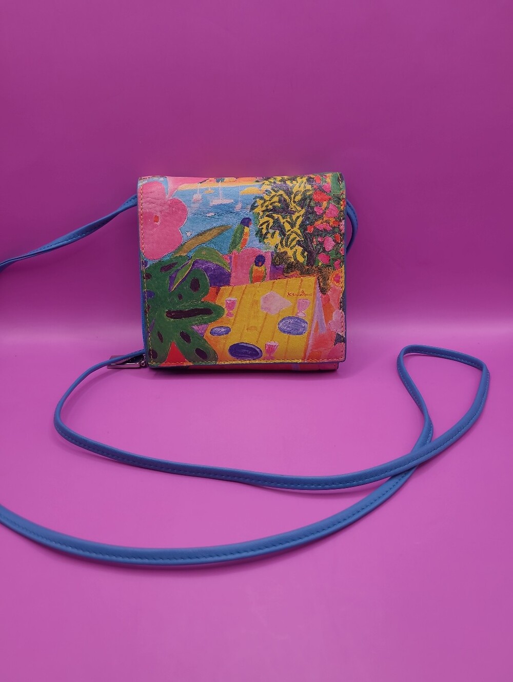 Ken Done Mini Crossbody Leather Wallet Purse By Jeon Los Angeles - Parrots Beach
